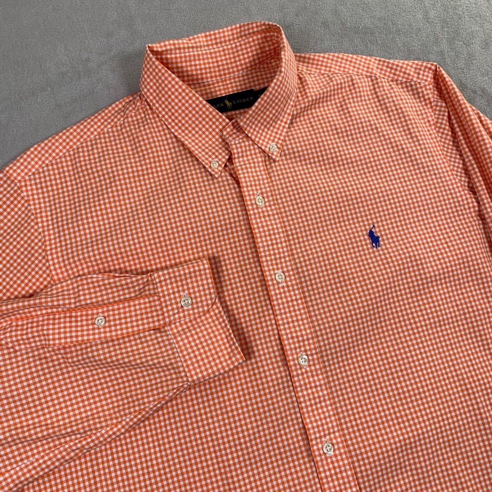 Ralph Lauren Button Down Shirt Mens XL Orange Gingham Check Long Sleeve Preppy